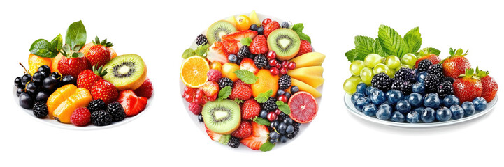 Obraz premium A vibrant assortment of fresh fruits arranged in elegant plates, perfect for healthy eating and colorful presentations.