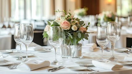 Fototapeta premium Elegant table setting with floral centerpiece and glassware for special event