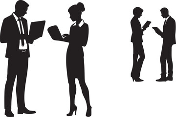 Business people group silhouette stay standing and working with laptop and meeting each other, using flat solid black color design, vector illustration design on a white background.