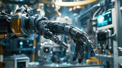 Fototapeta premium Close up of a highly detailed robotic hand in a cutting edge laboratory, showcasing advanced technology and engineering. The scene highlights innovation in robotics and artificial intelligence