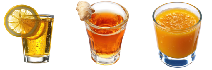 Assorted refreshing beverages with lemon, ginger, and orange flavors in stylish glasses, perfect for any occasion.