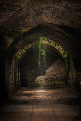 Fototapeta premium Corridor in an abandoned old building, resembling a historic monastery.