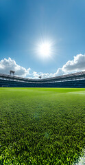 Fototapeta premium Sun-Kissed Grandeur, A Sweeping Vista of a Lush Sports Arena Under a Vibrant Blue Sky Enhanced by Natural Light and Scattered Clouds