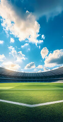 Majestic football stadium with vibrant green field under expansive blue sky dotted with fluffy clouds offering a sense of grand spectacle