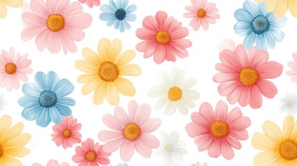 Pastel colored daisy flower pattern on a white background