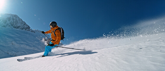 Freeze Motion of Skier Running Down. Powder Snow Exploding. Beautiful Dolomites Landscape. Winter...