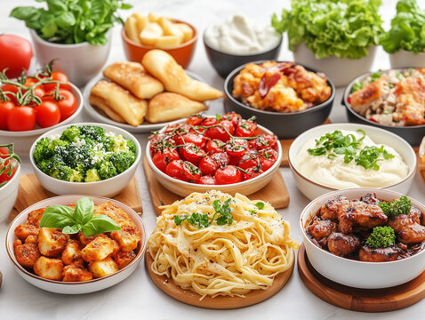 Cartoon food image: warm and inviting kitchen with a variety of delicious meals and produce.