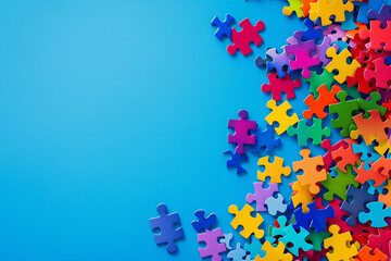 Puzzle pieces, mosaics for world Autism Awareness Day, Copy space, background for flyer, poster edge, banner