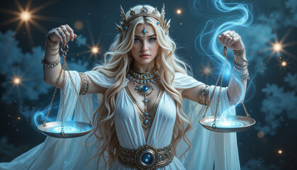 Celestial figure holding glowing scales in cosmic light, harmony