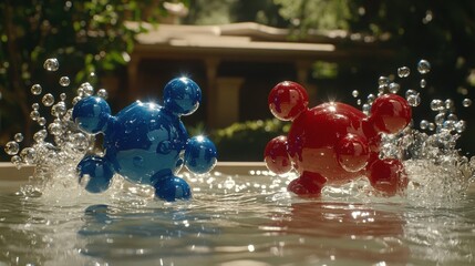 Two glossy, multi-sphere objects in vibrant blue and red splash into clear water, creating bubbly ripples.