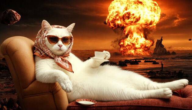 A hilariously surreal image of a white cat lounging in a chair, wearing sunglasses and a headscarf, casually sipping tea while a massive explosion erupts in the background