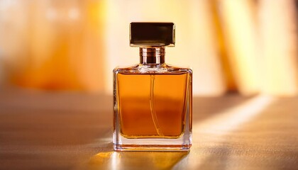 Elegant Blank Perfume Bottle Mockup with Amber Liquid in a Warm Temperature. Perfume with Amber Background and Natural Daylight.