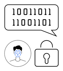 Binary code in speech bubble, biometric face recognition, and padlock, highlighting data security, privacy, and technology. Ideal for cybersecurity, AI, authentication encryption data analysis