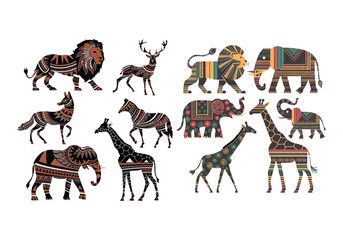 Naklejka premium A vector illustration of animal silhouettes with intricate ornamental patterns. The animals are a lion, an elephant, a zebra, a giraffe, a rhinoceros, and a hippopotamus. Each animal
