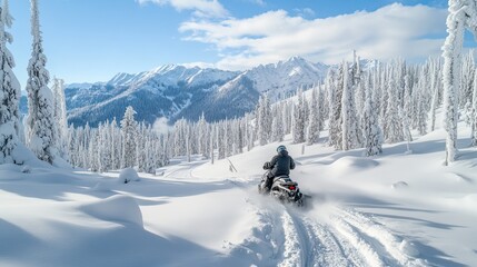 Snowmobile adventure through a snow covered mountain forest on a bright day