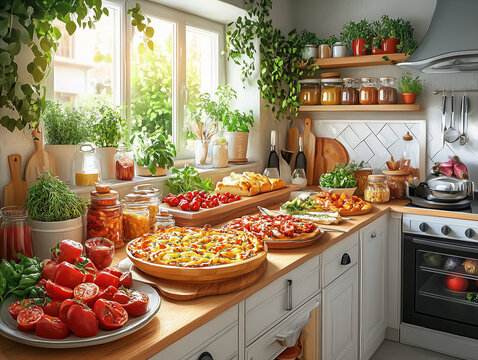 Cartoon food image: beautifully illustrated kitchen showcasing different plates of food.