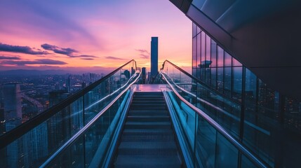 Stairway to the city skyline, captured during a vibrant sunset glow