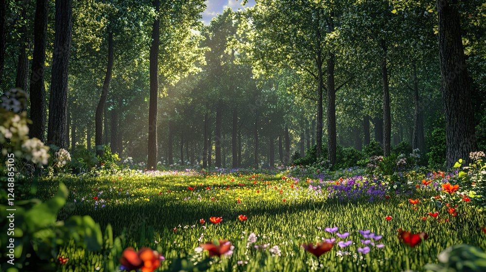 Canvas Prints sunlight filters through dense trees casting a golden glow on a vibrant meadow