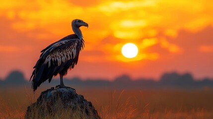 Starving Vulture Silhouetted Against Blazing Desert Sunset Concept