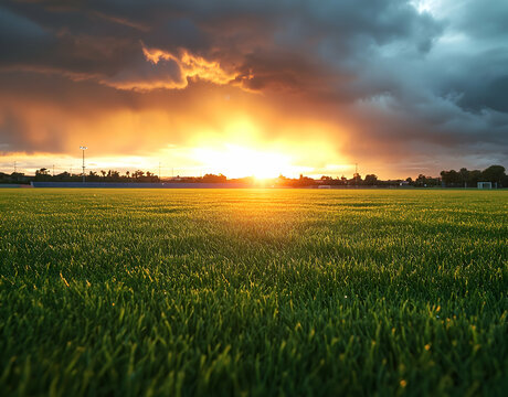Golden hour bathes a lush green field under a dramatic sky, showcasing the beauty of nature merging with the elements for an atmospheric vista