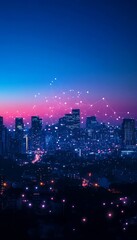 Obraz premium Twilight Cityscape with Fireworks A Vibrant Display of Urban Lights and Evening Celebrations
