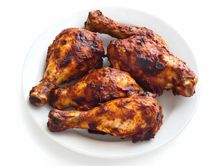 Succulent grilled chicken drumsticks arranged on a pristine white plate, showcasing their crispy skin and tantalizing barbeque marinade glistening appetizingly