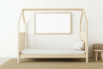 Minimalist children s room with a wooden bed and neutral tones, perfect for fostering creativity and relaxation in a cozy environment