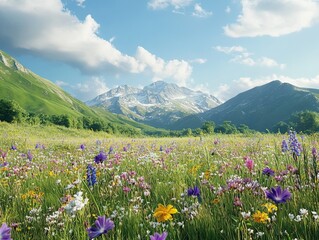 Fototapeta premium Vibrant wildflower meadow with snowy mountains under a serene cloudy sky landscape
