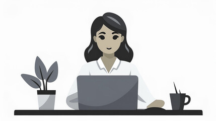 representation of a business woman during office hours working in her laptop. Vector image