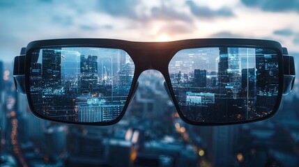 Futuristic glasses showcasing augmented reality cityscape view.