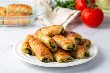 Turkish Tepsi Boregi, Round Borek, Tray pastry (Turkish name; rulo borek - sigara boregi). Spinach Pie.