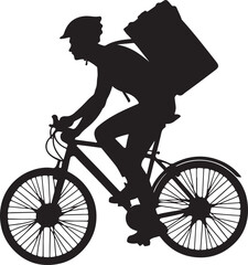 A delivery man riding a bicycle wearing a helmet silhouette, using flat solid black color design, vector illustration design on a white background.