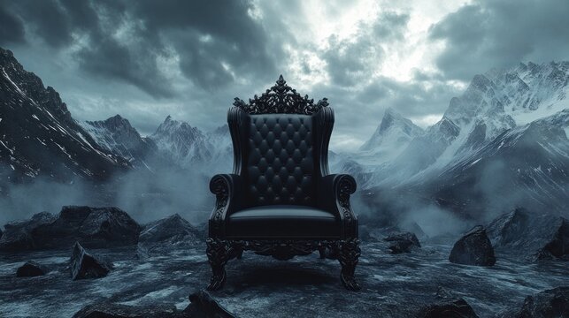 A black gothic throne set against dark rocky mountains featuring a vampire theme hip toning and creative color