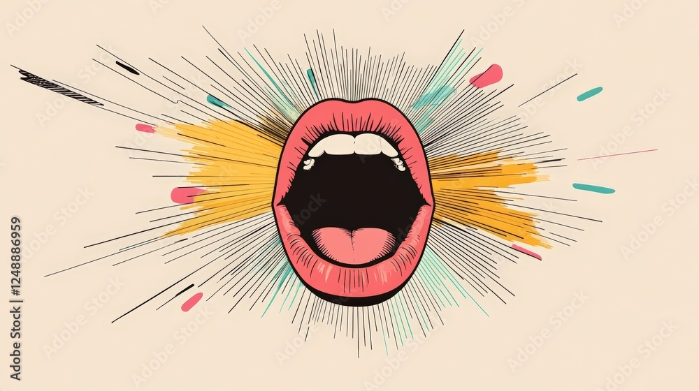 Aufkleber colorful illustration of a woman shouting with an open mouth, radiating lines, and vibrant splashes 