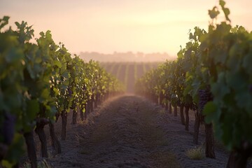 Naklejka premium Vineyards in the golden light of sunset showcasing rows of grapevines and grapes ready for harvest