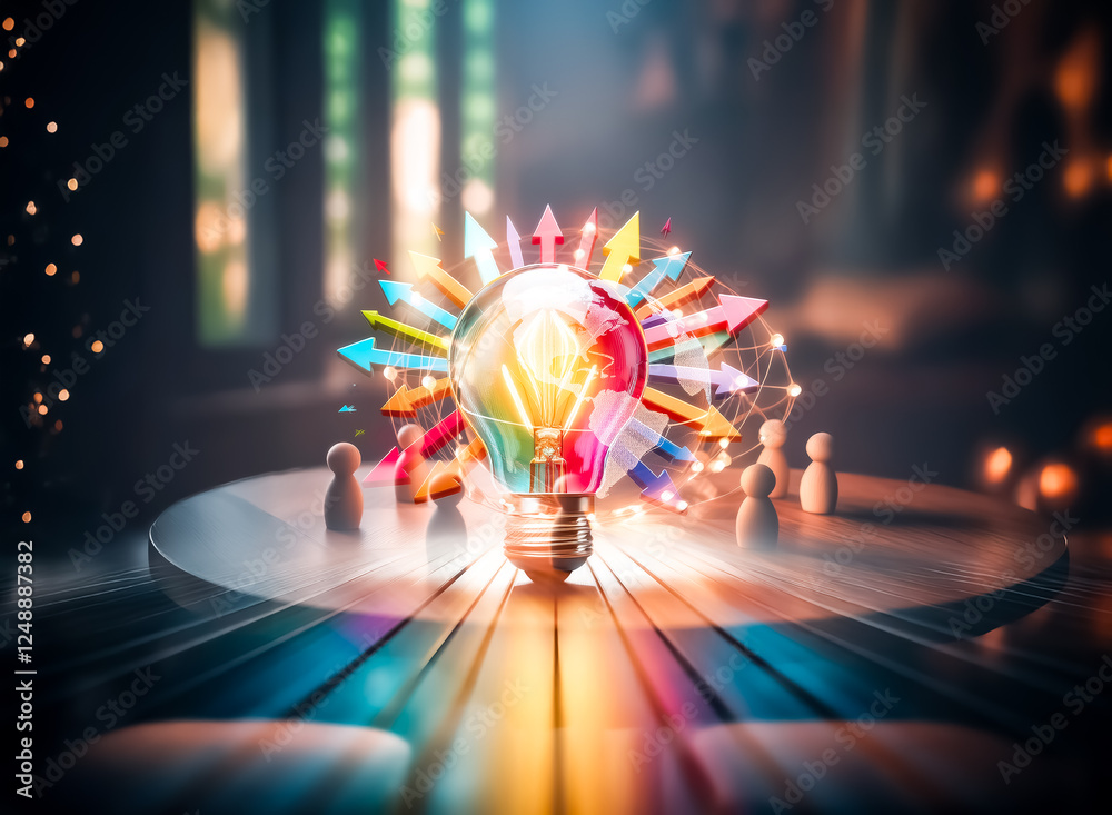 Aufkleber a wooden globe with glowing lines is surrounded by small wooden figures on a round table, suggesting