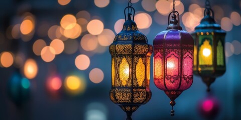 Festive lanterns glow, night bokeh background