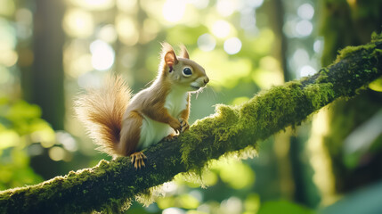 A curious red squirrel is perched on a mossy branch. The vibrant forest surrounds it, creating a serene and enchanting atmosphere filled with greenery