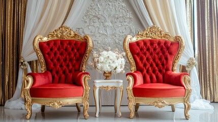 A luxurious Indian wedding chair golden red isolated as a royal armchair