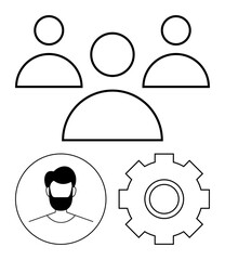 Abstract line icons of group collaboration, individual profile, and gear for settings. Ideal for team building, HR processes, profiles, management, workflows, technology and abstract line flat