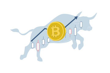 Cryptocurrency stock prices surge in bull market, Bitcoin trading bullish position, Profit, Growth, Bitcoin running up following arrow, Flat vector design illustration.