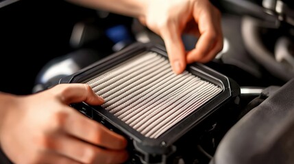 Hands Replacing Car Air Filter in Engine Compartment with Focus on Cleanliness and Precision