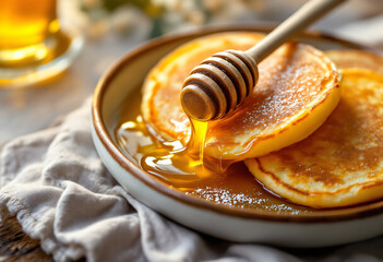 Delicious honey pancakes - perfect for breakfast, brunch, or healthy snack ideas - vibrant food photography for recipe inspiration