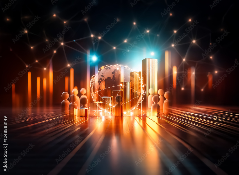 Fototapete a group of wooden figures encircles a glowing globe, interconnected by radiant light threads in a da