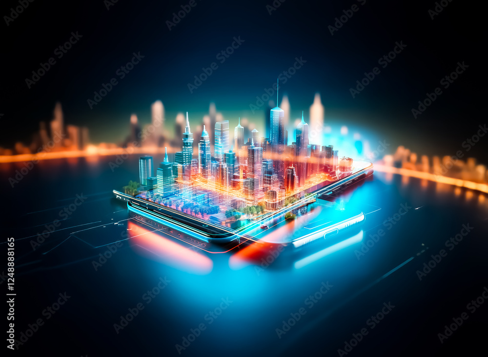 Poster a miniature futuristic city rests on a smartphone, glowing with vibrant city lights. the scene depic