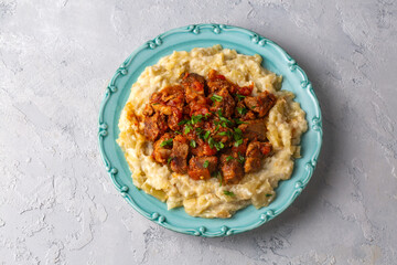 Turkish Food Hunkar Begendi made with Eggplant and Meat.