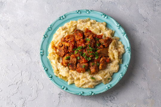 Turkish Food Hunkar Begendi made with Eggplant and Meat.