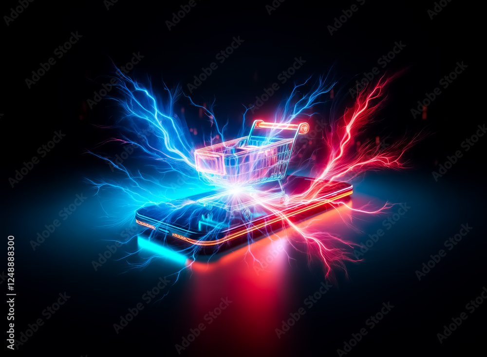 Poster a glowing shopping cart icon sits atop a neon lit smartphone against a dark backdrop. illuminated in