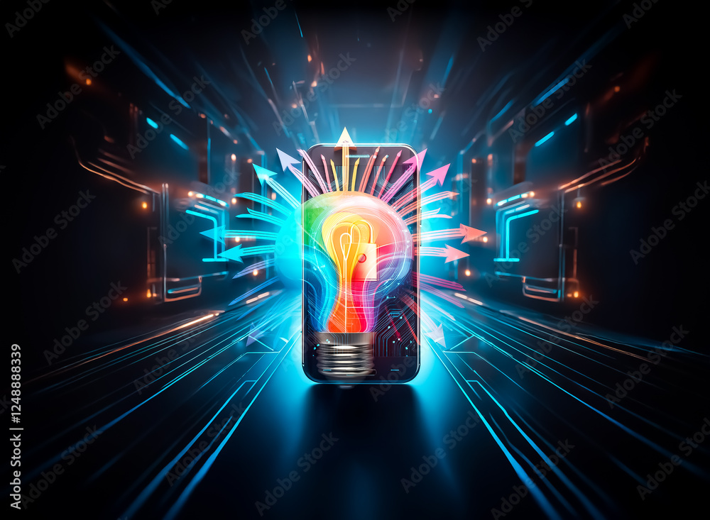 Poster A smartphone displays a golden padlock icon on screen, illuminated by blue and orange digital lines against a dark background, representing technology and security.