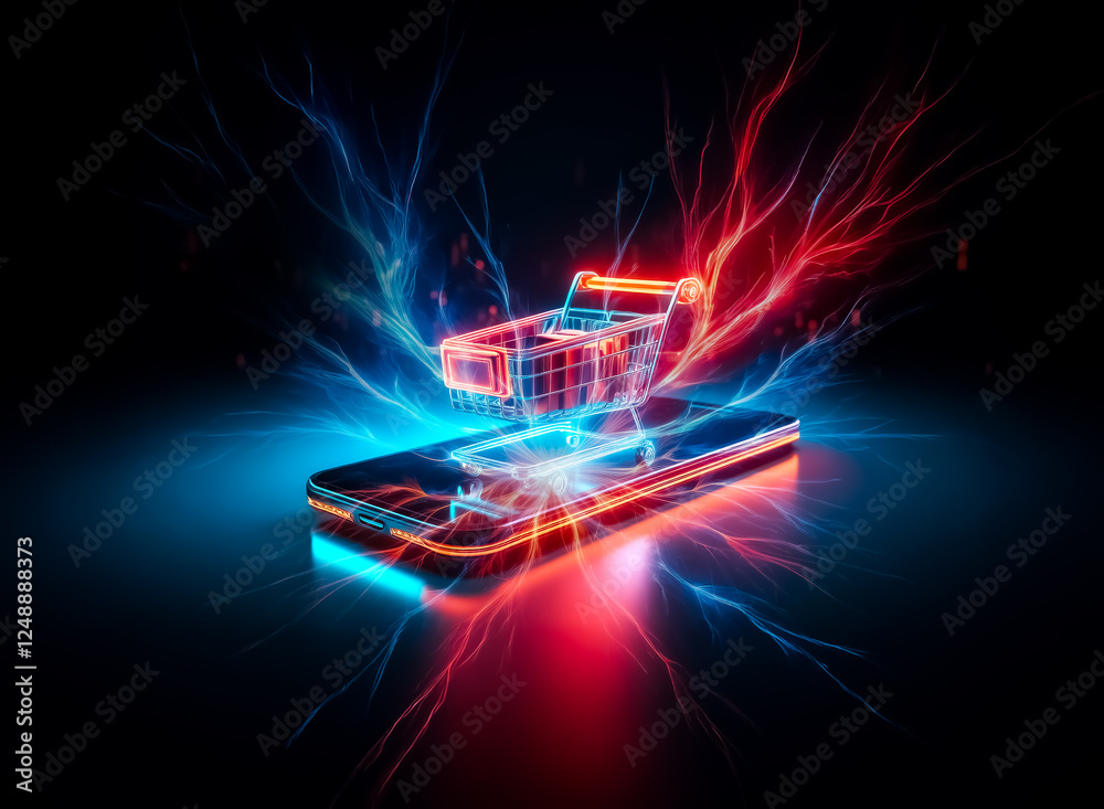 Poster A glowing shopping cart icon sits atop a neon lit smartphone against a dark backdrop.  Illuminated in red and blue, it evokes online commerce and digital retail concepts.